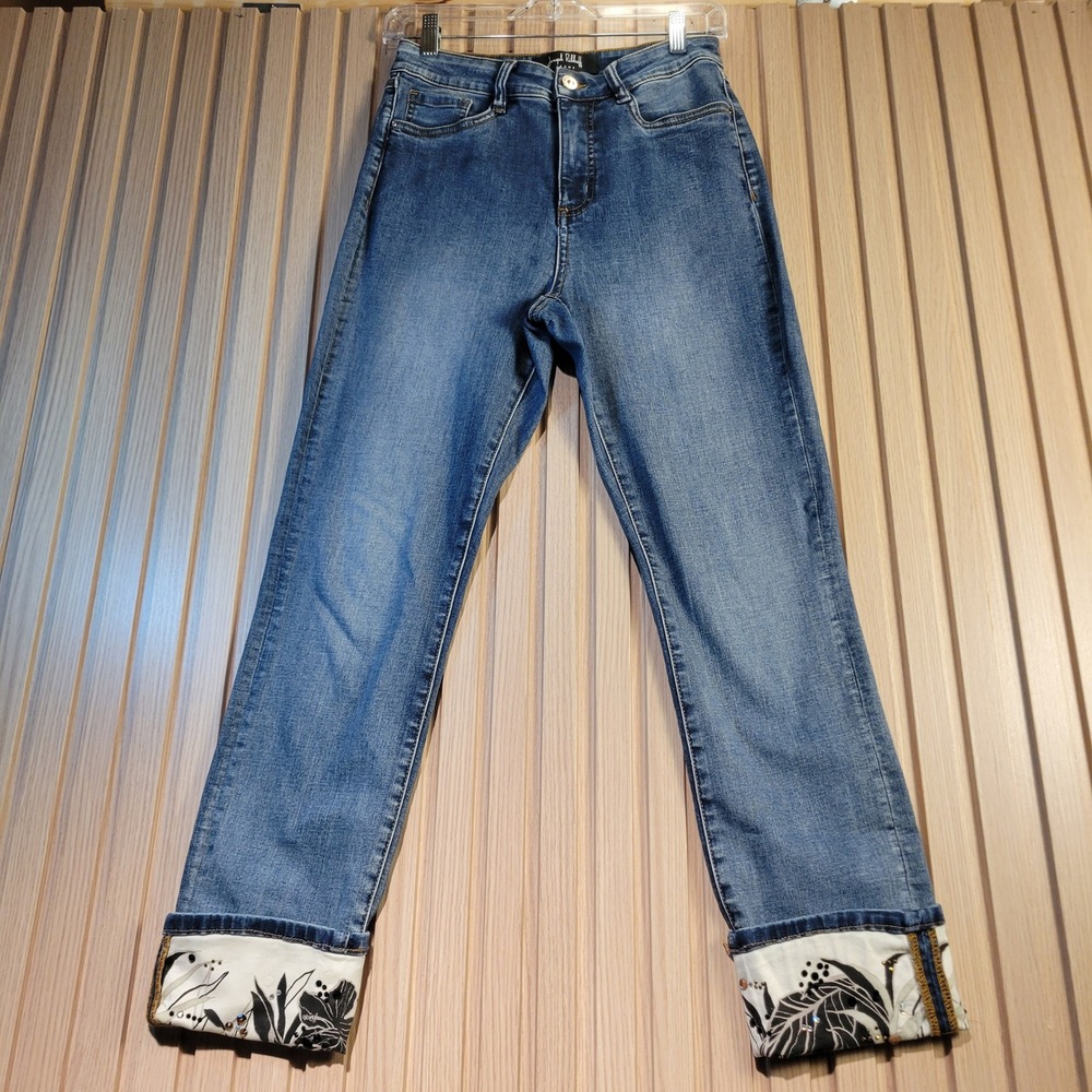 Joseph Ribkoff Jeans Womens 6 Blue Denim Floral Rhinestone Cuff Straight Leg